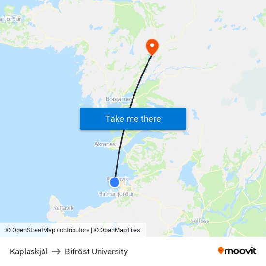 Kaplaskjól to Bifröst University map