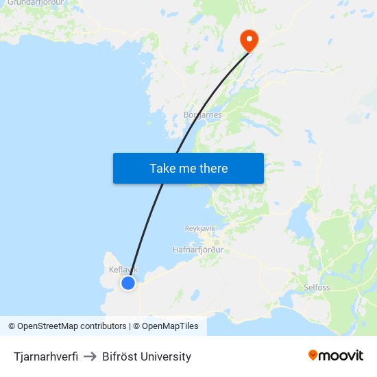 Tjarnarhverfi to Bifröst University map