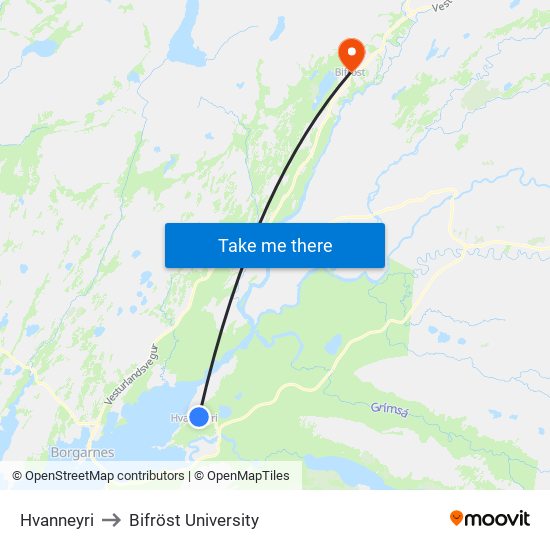 Hvanneyri to Bifröst University map