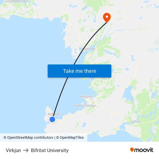 Virkjun to Bifröst University map