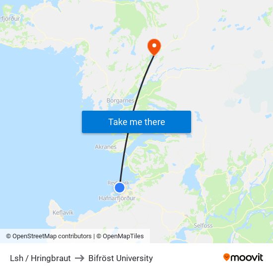 Lsh / Hringbraut to Bifröst University map