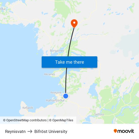Reynisvatn to Bifröst University map