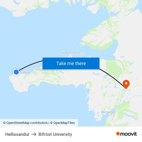 Hellissandur to Bifröst University map