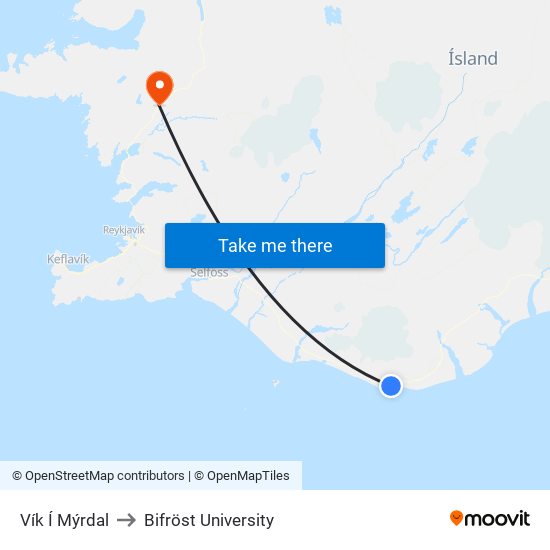 Vík Í Mýrdal to Bifröst University map