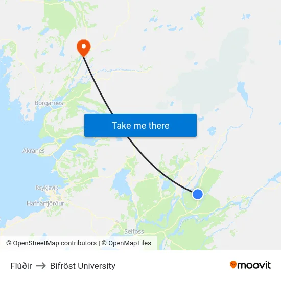Flúðir to Bifröst University map