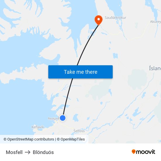 Mosfell to Blönduós map