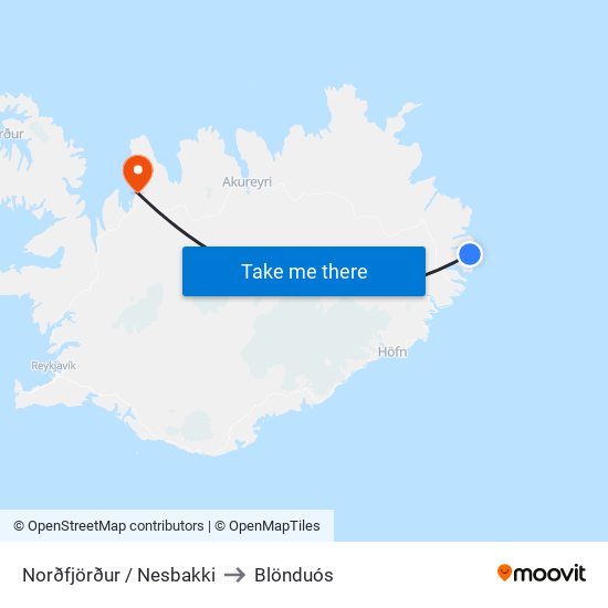 Norðfjörður / Nesbakki to Blönduós map