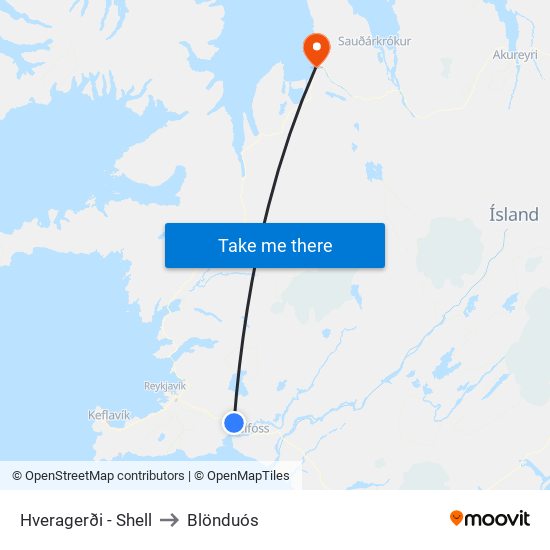 Hveragerði - Shell to Blönduós map