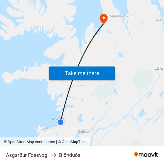 Ásgarður Fossvogi to Blönduós map
