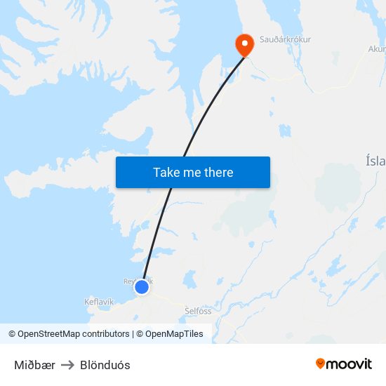 Miðbær to Blönduós map