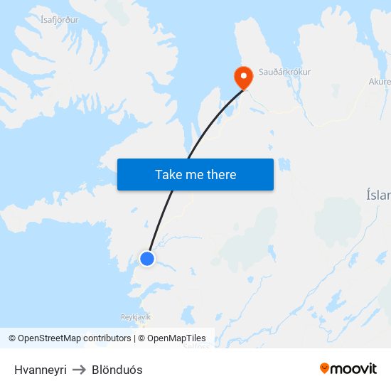 Hvanneyri to Blönduós map