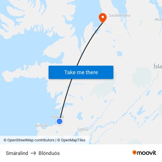 Smáralind to Blönduós map