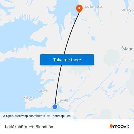 Þorlákshöfn to Blönduós map