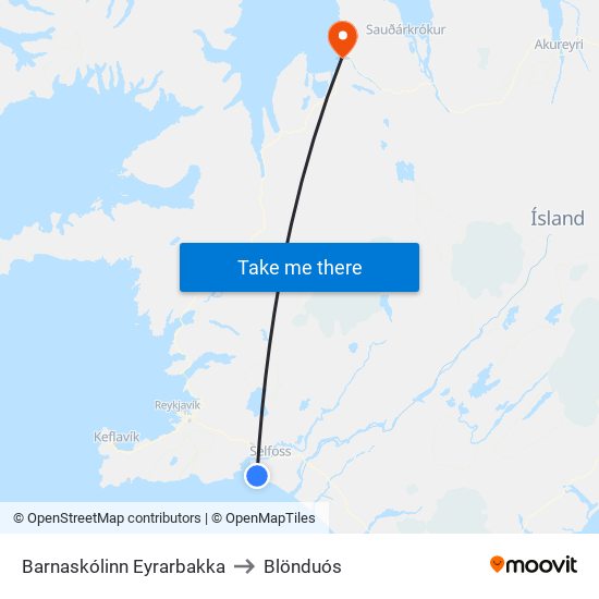 Barnaskólinn Eyrarbakka to Blönduós map