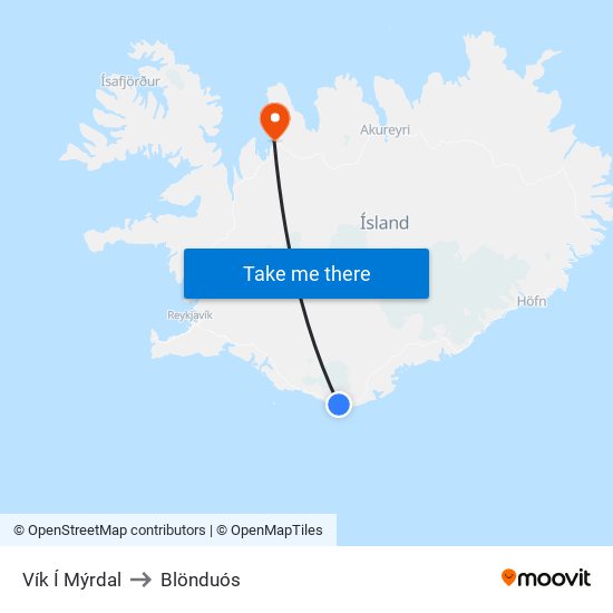 Vík Í Mýrdal to Blönduós map