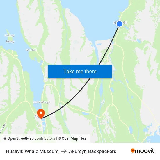 Húsavík Whale Museum to Akureyri Backpackers map
