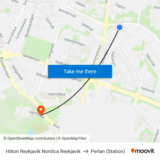 Hilton Reykjavik Nordica Reykjavík to Perlan (Station) map