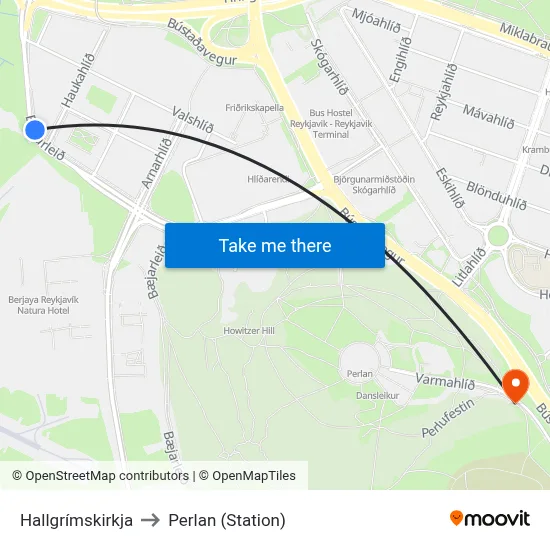 Hallgrímskirkja to Perlan (Station) map