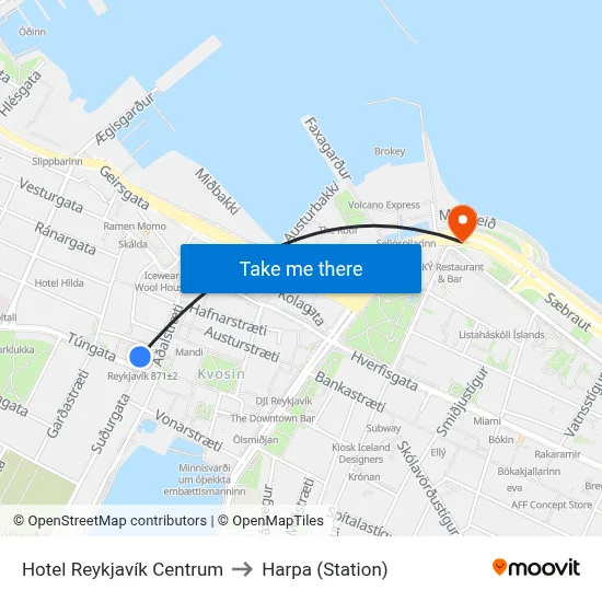 Hotel Reykjavík Centrum to Harpa (Station) map