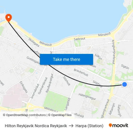 Hilton Reykjavik Nordica Reykjavík to Harpa (Station) map