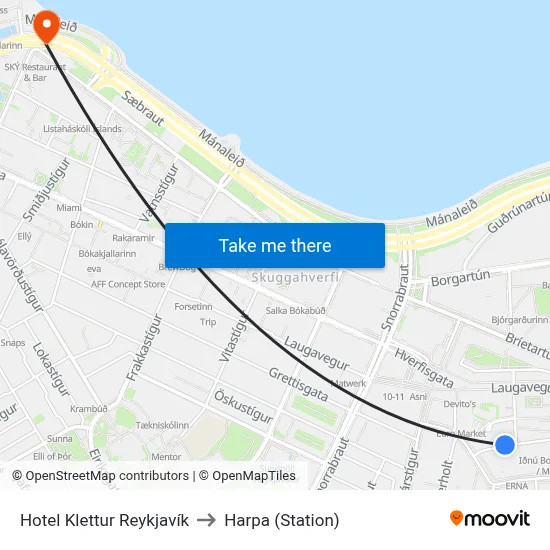 Hotel Klettur Reykjavík to Harpa (Station) map