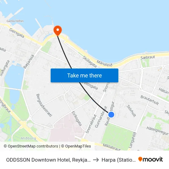 ODDSSON Downtown Hotel, Reykjavík to Harpa (Station) map