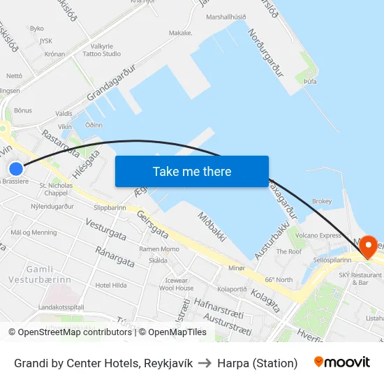 Grandi by Center Hotels, Reykjavík to Harpa (Station) map
