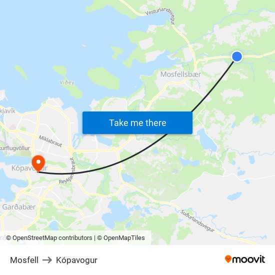 Mosfell to Kópavogur map