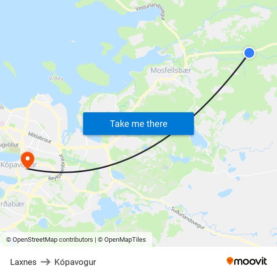 Laxnes to Kópavogur map