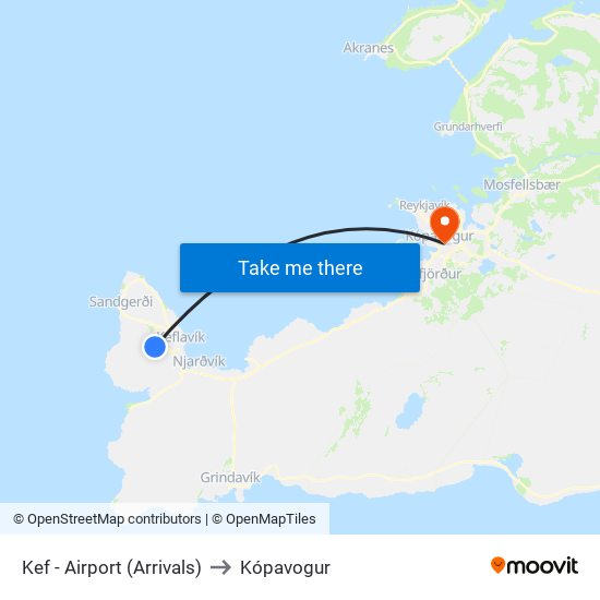 Kef - Airport (Arrivals) to Kópavogur map