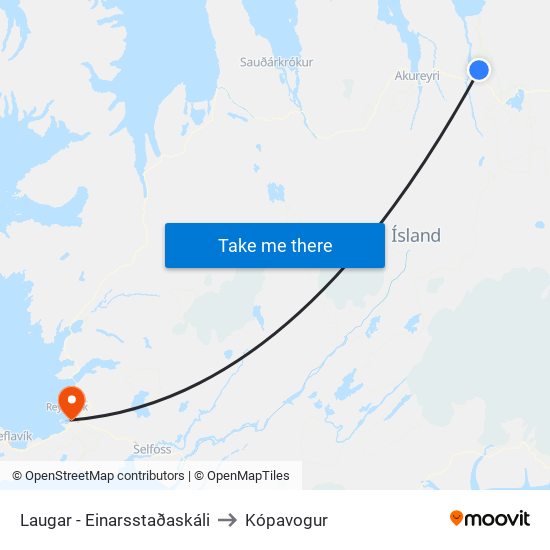 Laugar - Einarsstaðaskáli to Kópavogur map