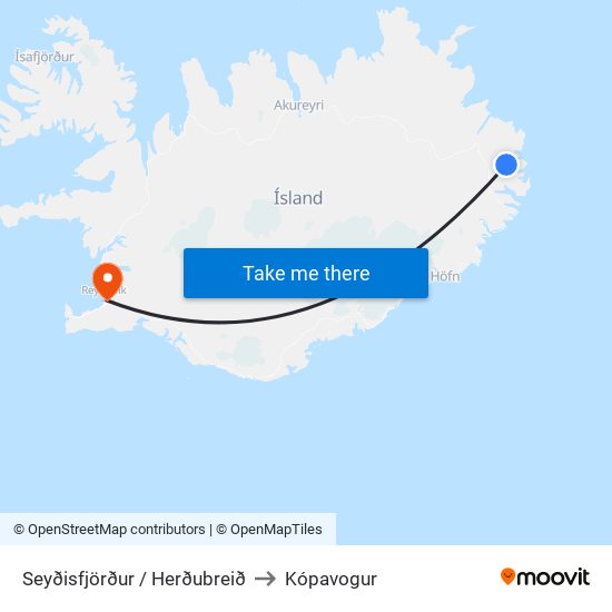 Seyðisfjörður / Herðubreið to Kópavogur map