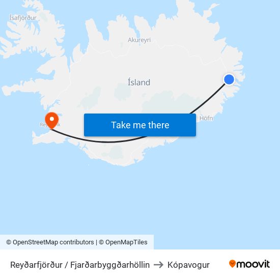 Reyðarfjörður / Fjarðarbyggðarhöllin to Kópavogur map