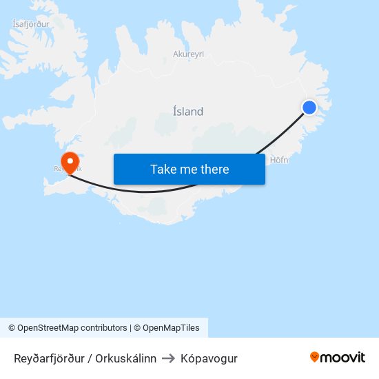 Reyðarfjörður / Orkuskálinn to Kópavogur map