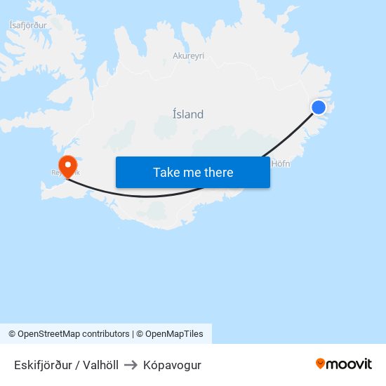 Eskifjörður / Valhöll to Kópavogur map