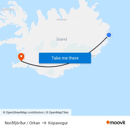 Norðfjörður / Orkan to Kópavogur map