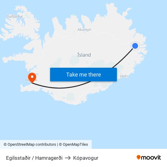 Egilsstaðir / Hamragerði to Kópavogur map