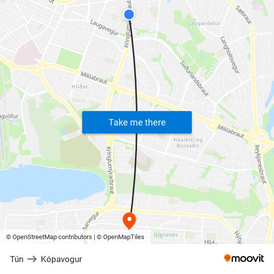 Tún to Kópavogur map