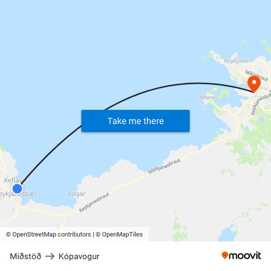 Miðstöð to Kópavogur map