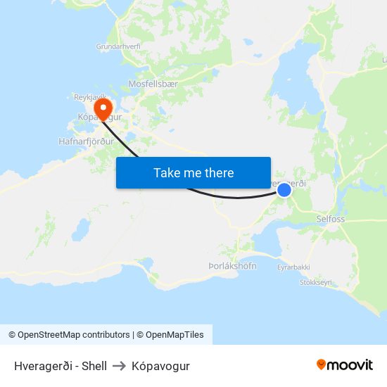 Hveragerði - Shell to Kópavogur map