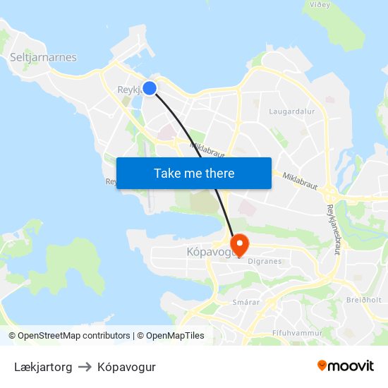Lækjartorg to Kópavogur map