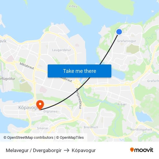 Melavegur / Dvergaborgir to Kópavogur map