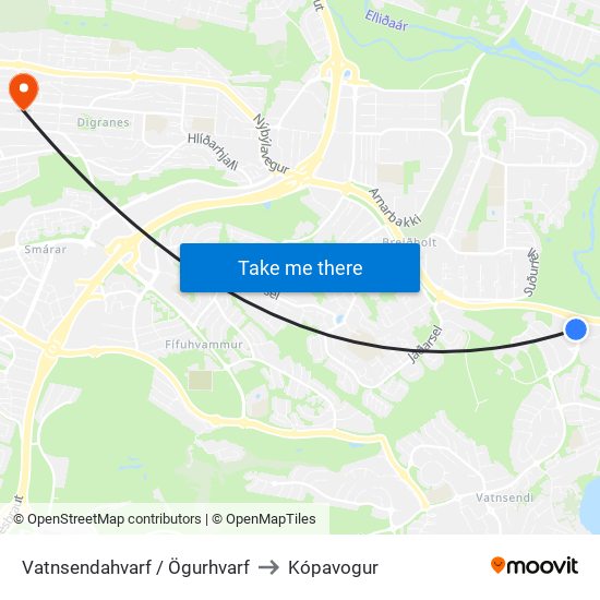 Vatnsendahvarf / Ögurhvarf to Kópavogur map