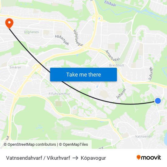 Vatnsendahvarf / Víkurhvarf to Kópavogur map