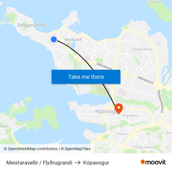 Meistaravellir / Flyðrugrandi to Kópavogur map