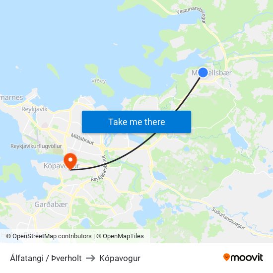 Álfatangi / Þverholt to Kópavogur map