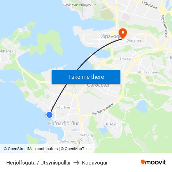 Herjólfsgata / Útsýnispallur to Kópavogur map