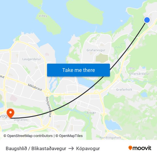 Baugshlíð / Blikastaðavegur to Kópavogur map