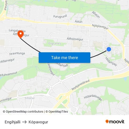 Engihjalli to Kópavogur map