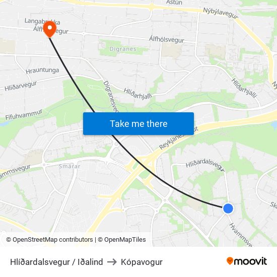 Hlíðardalsvegur / Iðalind to Kópavogur map